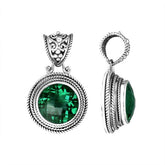 Handmade sterling silver Balinese pendant with round Green Quartz and decorative ornate bail.